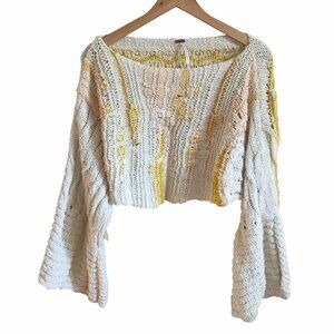 FREE PEOPLE Distressed Drive Through Crema Bell Sleeve Sweater M/L Crop Boho
